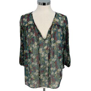 Pins & Needles Anthropologie Sheer Floral Blouse Teal Multicolor Size Small